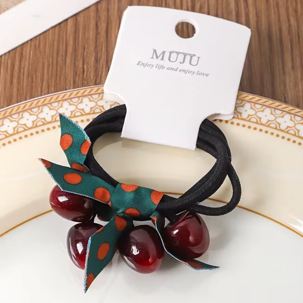 Cherry Hair Tie with Green Bow, Set of 2